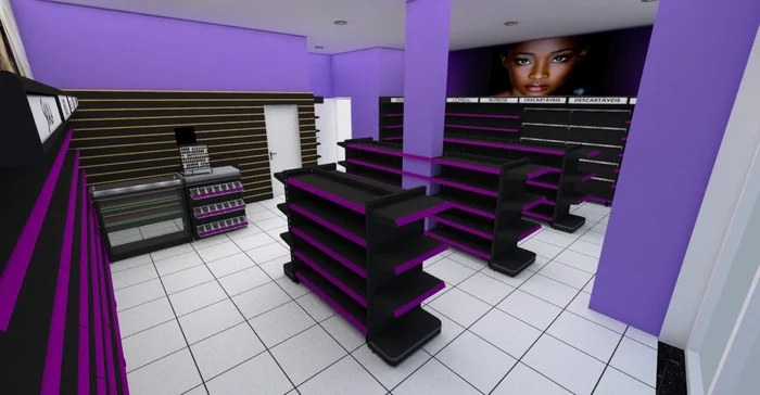 Projeto 3D de perfumaria com gôndolas pretas